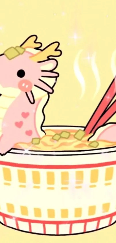 Cute dragon in ramen bowl with pastel yellow background.