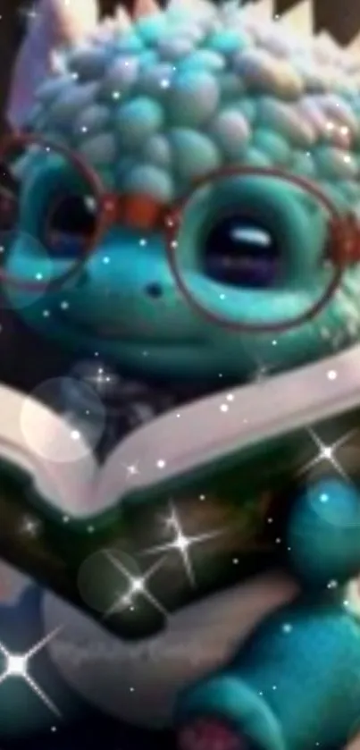 Cute dragon with glasses reading a book, surrounded by sparkling lights.