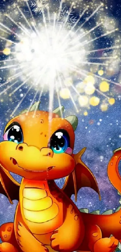 A cute cartoon dragon glowing under a starry sky.