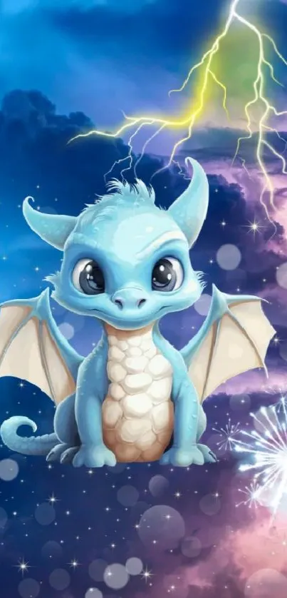 Cute blue dragon with lightning storm background.