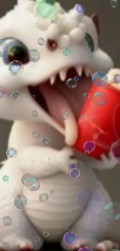 Cute white dragon munching popcorn surrounded by colorful bubbles.