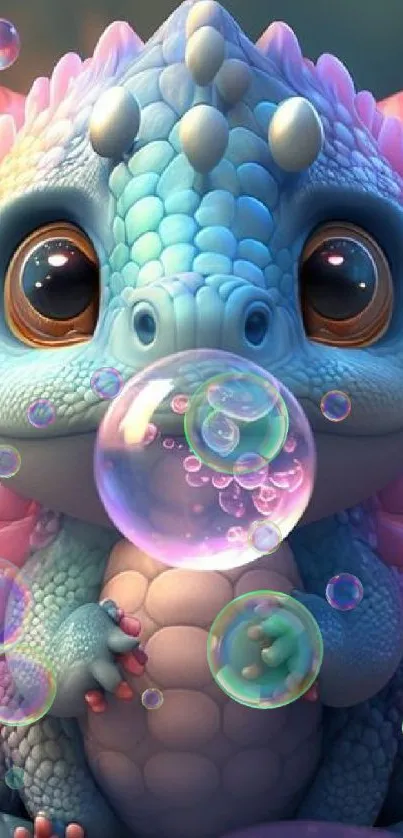 Cute dragon blowing bubbles, vibrant colors, whimsical fantasy art.