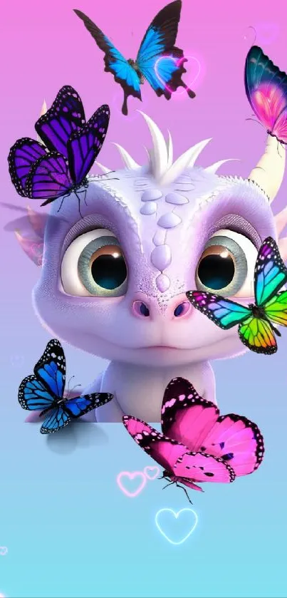 Adorable cartoon dragon with colorful butterflies on pink and blue gradient.