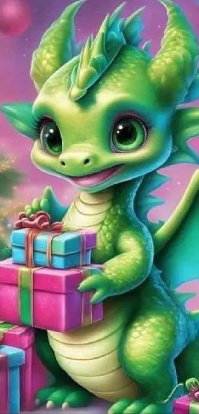 Cute green dragon holding colorful gifts.