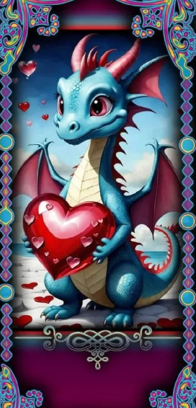 Illustration of a cute blue dragon holding a heart on a colorful wallpaper.