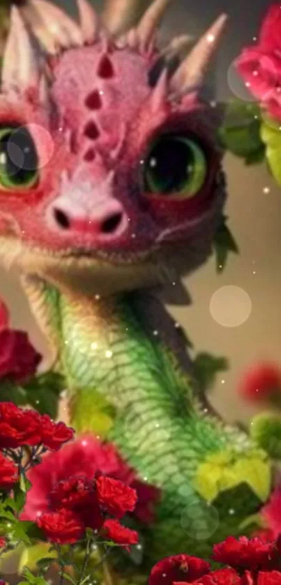 Cute dragon with big eyes among vibrant red roses.