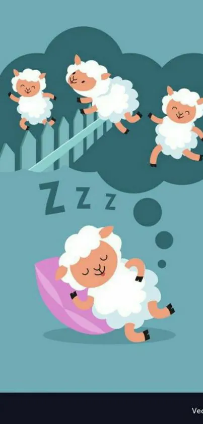 Cute cartoon sheep dreaming mobile wallpaper in calm pastel colors.