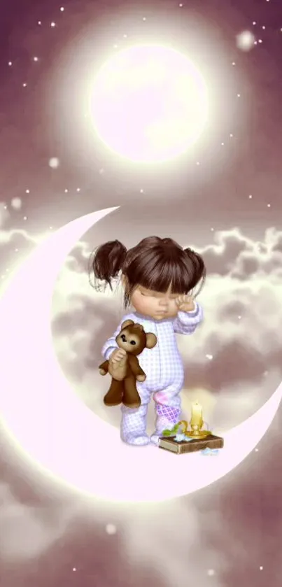 Cute girl on a crescent moon with stars in a dreamy night scene.