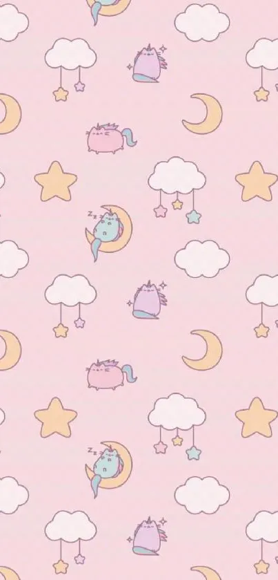 Pink wallpaper with unicorns, stars, and clouds in pastel colors.