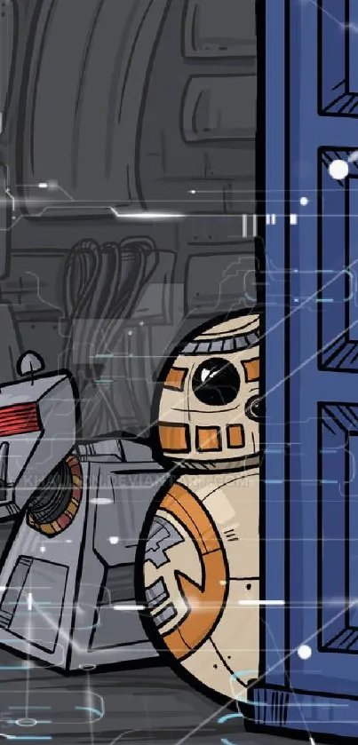 Wallpaper featuring a cute spherical droid and the iconic blue TARDIS.