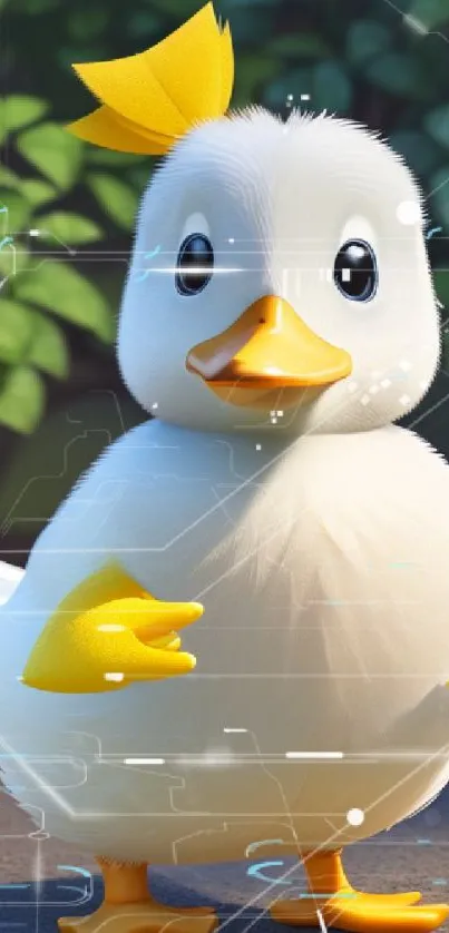 Adorable animated duckling with yellow highlights standing on a path.