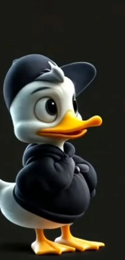 Cartoon duck in a dark hoodie on a black background.