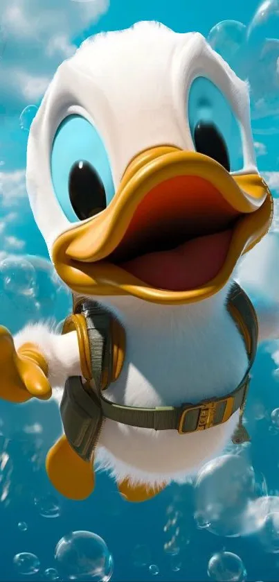 Cheerful animated duck with bubbles in blue sky.