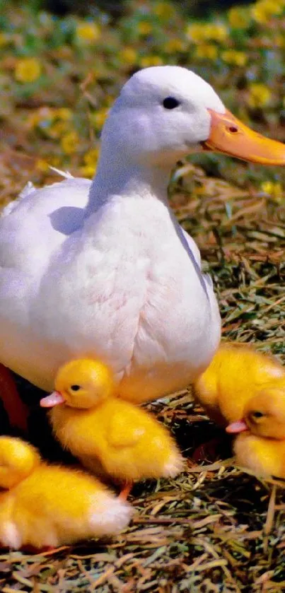 White duck and yellow ducklings on grass in nature.
