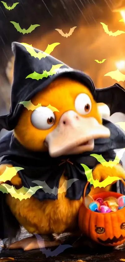 Cute cartoon duck in Halloween witch costume with bats and pumpkin bucket.