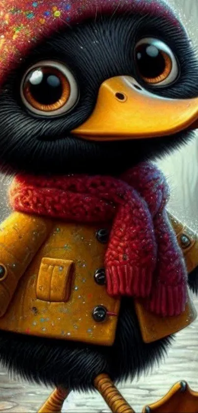 A cute duck with a red scarf and yellow coat in a cartoon style.