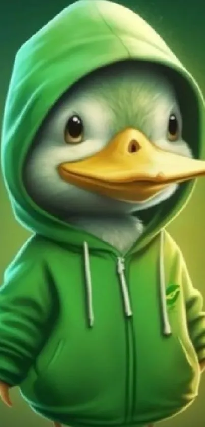 Adorable duck in a green hoodie on a vibrant wallpaper.