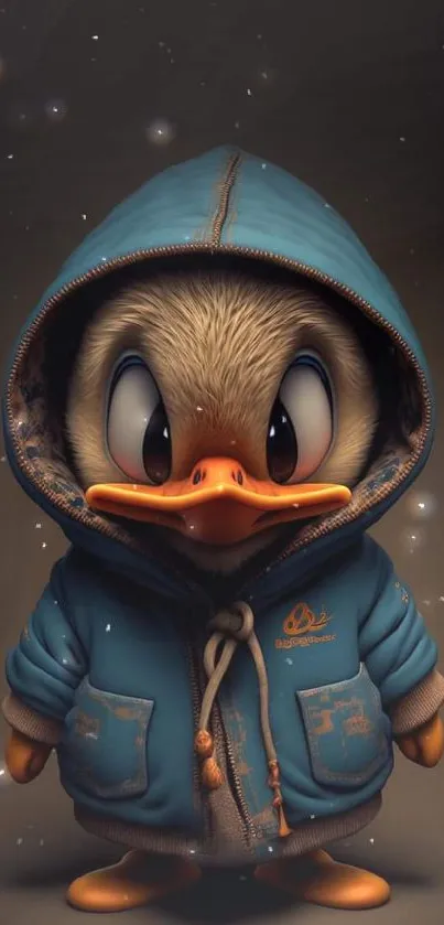 Cute duck in a hoodie with a dark brown background wallpaper.