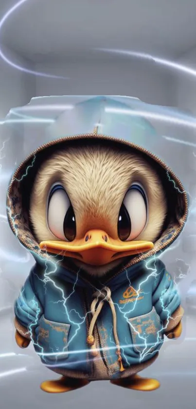 Cute duckling in a blue hoodie surrounded by electric waves.