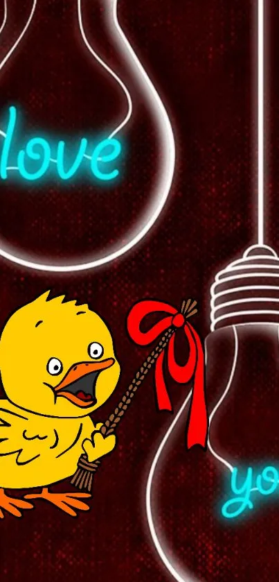 Cute yellow duck with neon love text on dark background.