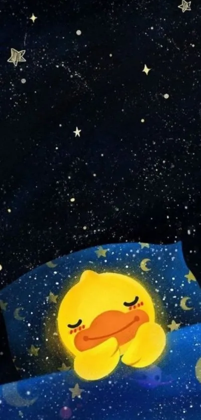 Charming mobile wallpaper of a cute duck sleeping under a starry night sky.