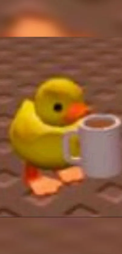 Cartoon duckling holding a coffee mug on a brown surface.