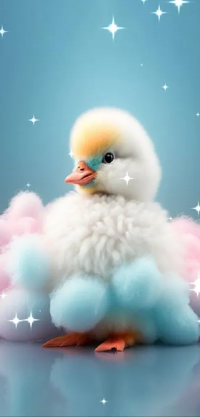 Fluffy duckling in pastel clouds on a blue background.