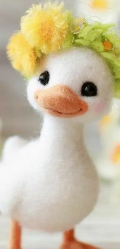 Cute handmade duck with a floral crown and soft texture, perfect for wallpaper.