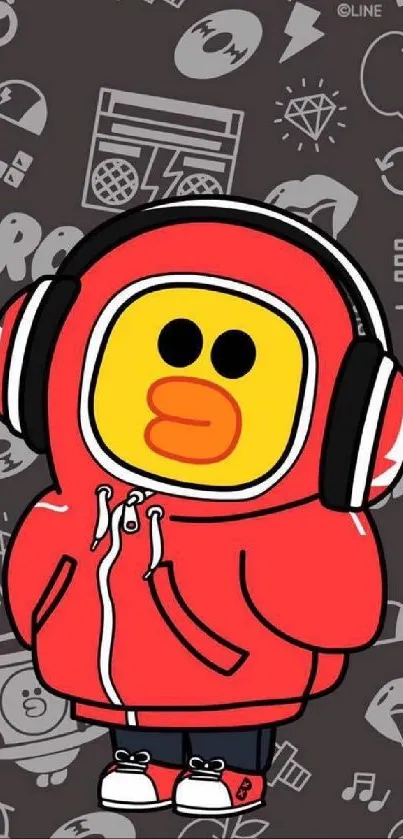 Cartoon duck in red hoodie with headphones on gray background.