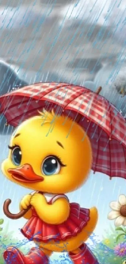 Cute duck with umbrella in rainy day art.