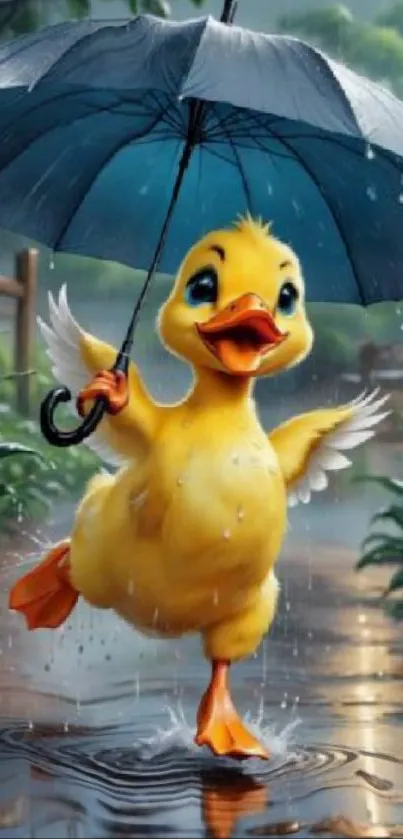 Adorable duck with blue umbrella in the rain.