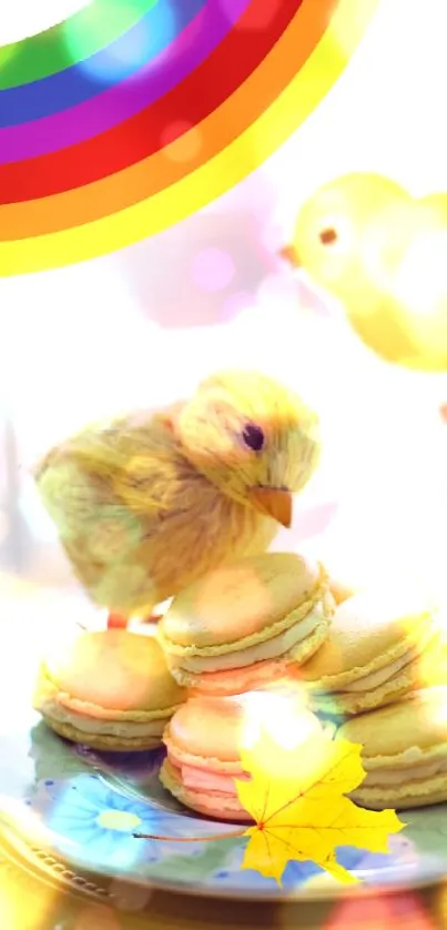 Cute duckling with yellow macarons and rainbow accents.