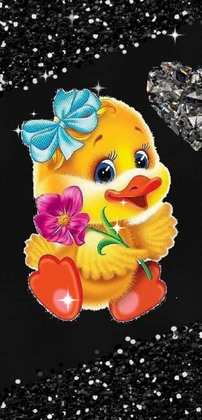 Cute duckling and glitter heart on mobile wallpaper background.