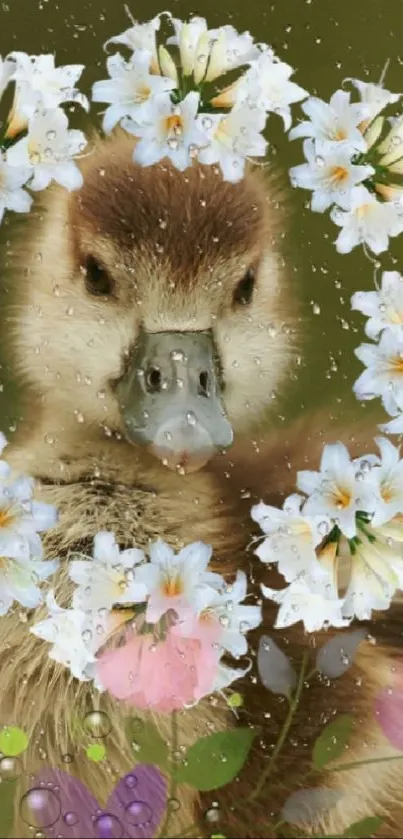 Adorable duckling with floral frame and raindrops.