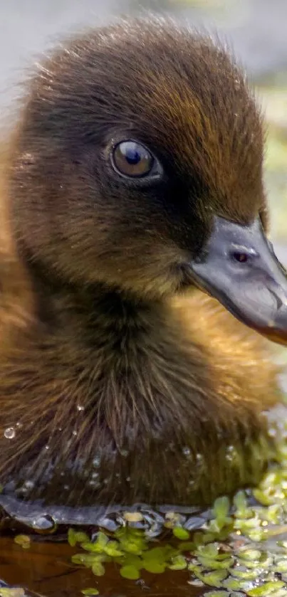 Adorable duckling in pond surrounded by greenery.