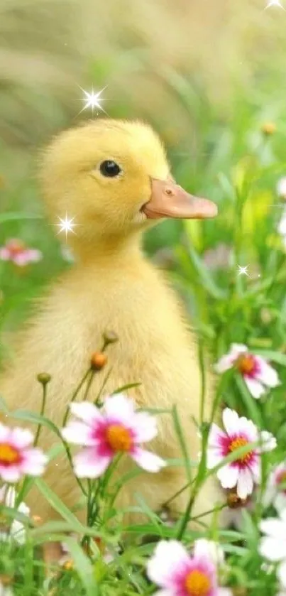 Cute duckling surrounded by spring flowers in a vibrant field.