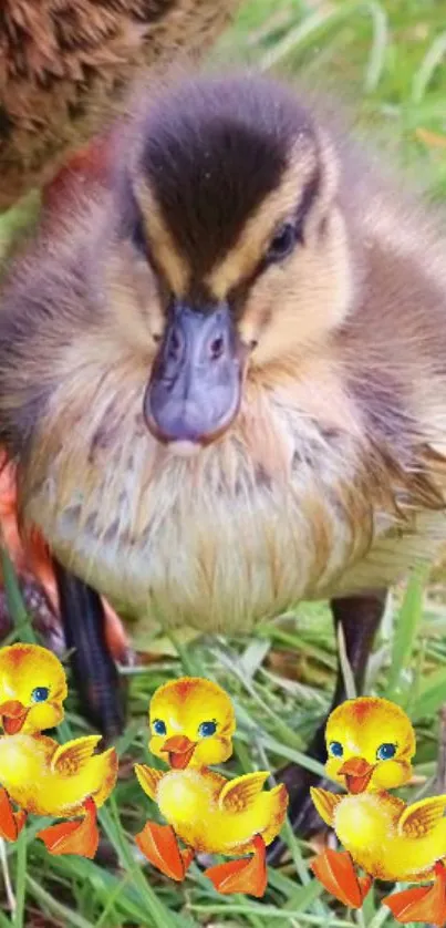 Cute duckling on grass with three animated duck friends.