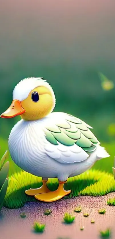 Cute duckling in green nature wallpaper for mobile phone.