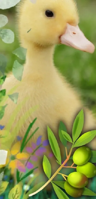 Cute duckling among flowers and green leaves in a vibrant nature wallpaper.