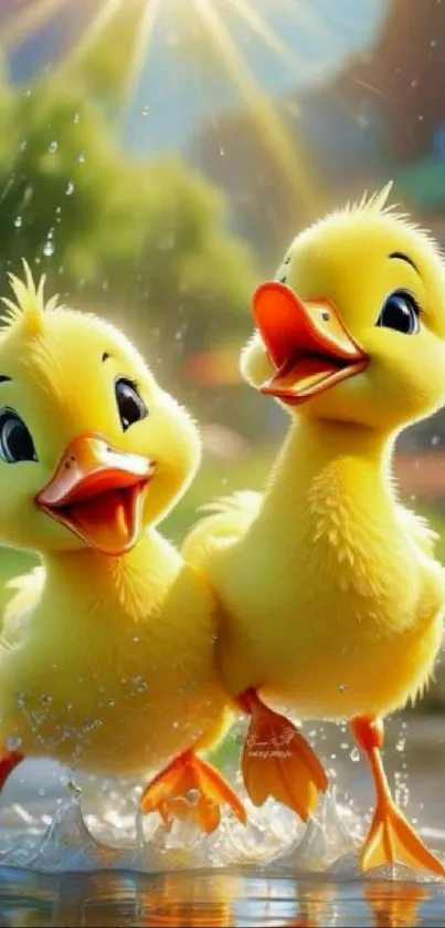 Adorable yellow ducklings playing in sunlit water.