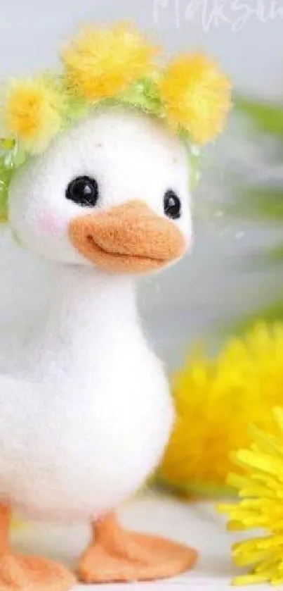 Adorable duckling with a yellow flower crown in a spring setting.