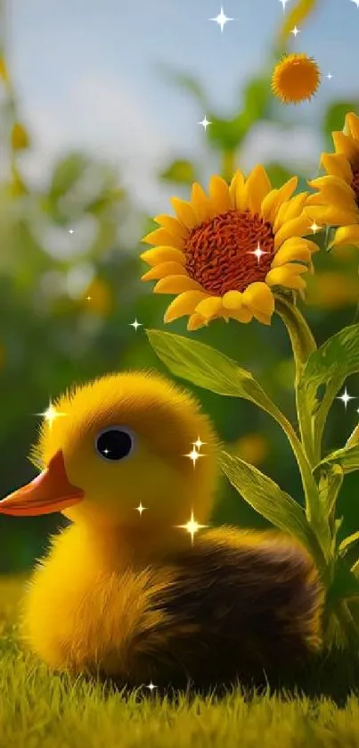 Adorable duckling and sunflowers in a sunny field.