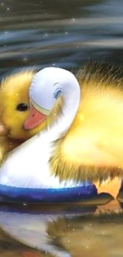 Cute duckling with colorful swan toy on water.