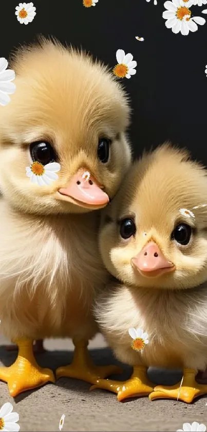 Two cute ducklings surrounded by daisies.