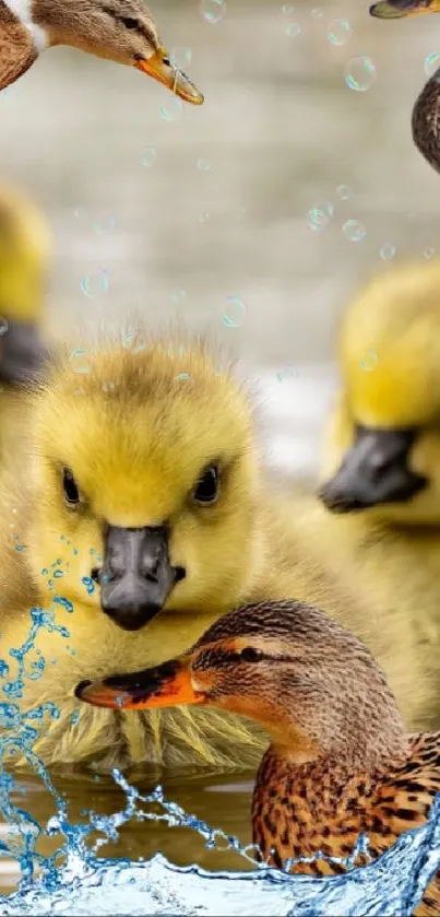 Cute ducklings with splashing water on a calm river, perfect for nature lovers.