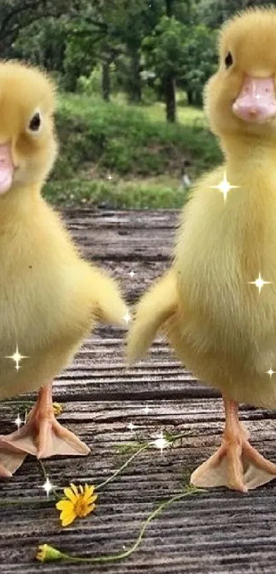 Two cute yellow ducklings standing on a wooden table in a natural setting.