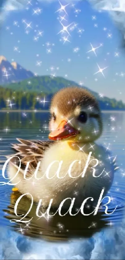 Cute duckling on serene lake with sparkling border.