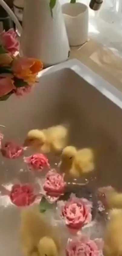 Cute ducklings and pink roses in a kitchen sink.