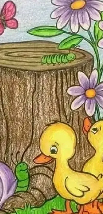 Colorful cartoon with ducks, flowers, and insects near a tree stump.