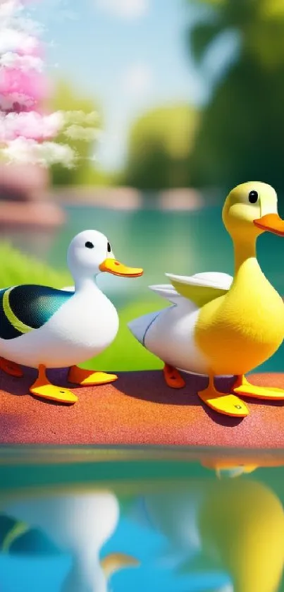 Two cartoon ducks by a river with flowers.